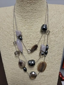 Chico's Pink Tan Faux Pearl Lucite Beaded Necklace Multi Strand Silver Tone - Picture 1 of 9