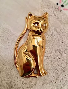 Gold cat pin, cat brooch , rhinestone eyes, standing cat, Mother's Day gift - Picture 1 of 7