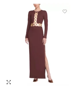 STAUD Delphine Ausschnitt GOLD METALL LOGO MÜNZEN dunkle Schokolade Maxikleid Gr. 0 Null - Bild 1 von 4