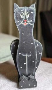 Vintage 10" Wood Handcrafted Black and White Kitty Cat Folk Art Figurine - Picture 1 of 11