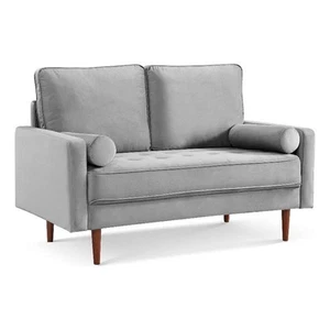 57 Inch Wide Upholstered Two Cushion Loveseat w/ Bolster Pillows in Grey Velvet - Picture 1 of 8