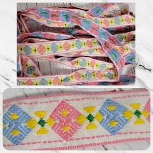 Vintage Embroidered Pastel Geometric Pattern Trim - 240" Long X 1.5" wide - Picture 1 of 6