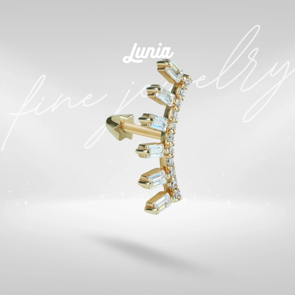 14K Solid Gold Marquise CZ Earring Flatback Stud Tragus Geometric Piercing 18G - Image 1 of 4