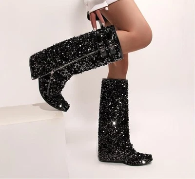 Botas de fiesta con lentejuelas brillantes para mujer de tacón ancho botas hasta la rodilla Foto 1 de 4