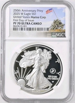 2025 P Silver Eagle US Marine Corp 250th Privy NGC PF70 primer día emisión preventa Foto 1 de 3
