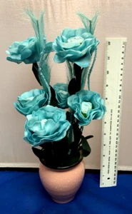 14"Aqua Blue 3" Open Roses Artificial Silk Flowers Teal in Pink ceramic Vase - Picture 1 of 7