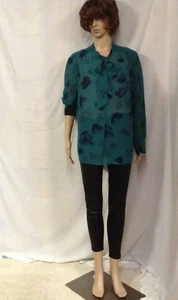 Ava & Viv Plus Size 14 W Long Sleeve Bow Blouse Green With Blue Flowers - Picture 1 of 5