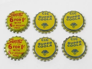 Squirt 6 for 1 Cent + C & C Super Coola Soda Bottle Caps Lot of 6 Cork Unused - Picture 1 of 13