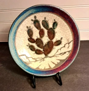 Signed J. Diller Raku Art Pottery 8" Round Bowl with Metal Stand Cactus - Picture 1 of 24