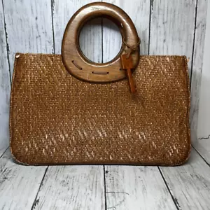 Vintage Fossil Ratan Handtasche mit Holzgriff geflochten Stroh OHNE RIEMEN und MÄNGEL - Bild 1 von 18