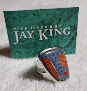 Jay King DRT Sterling Silver Spiny Coral & Grey Stone Inlay Ring Size 7.5~1"Tall - Picture 1 of 9