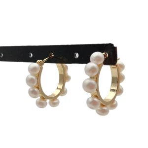 Freshwater Cultured White Pearl Gold Plated Hoop Earrings - Picture 1 of 6