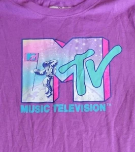 MTV Music Television Girls XL Purple Pink LS Tshirt Astronaut Flag On Moon Tee - Picture 1 of 6