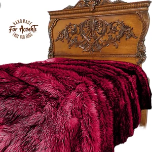 Faux Fur Bedspread Throw Blanket, Dark Red Huskie Fur, Minky Lining Handmade USA - Picture 1 of 2