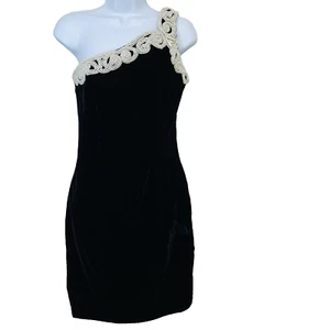 Vintage Jessica McClintock Velvet Dress 7 Black Beaded One Shoulder Feminine USA - Picture 1 of 13