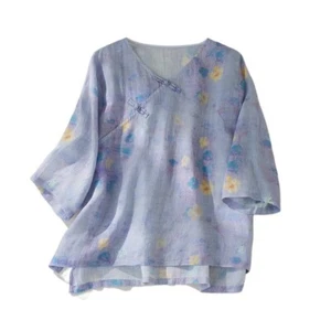 Damen ethnisch Retro Bluse Shirt lose T-Shirt dünn lässig Blumenmuster bedruckt Sommer - Bild 1 von 20