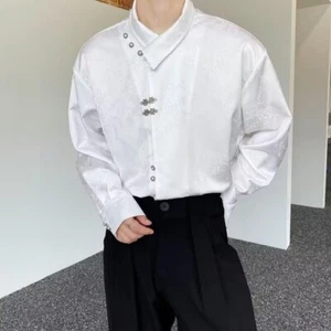 Chinese Style Mens Satin Irregular Stand Collar Retro Buckle Long Sleeved Shirt - Picture 1 of 22