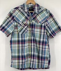 Camicia uomo Kavu media con bottoni manica corta a quadri blu rosa arancione - Foto 1 di 8