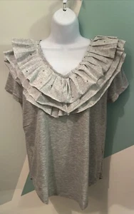 Strass & Rüschen meliert grau SO V-Ausschnitt Tee T-Shirt ~ Damengröße Medium " - Bild 1 von 14