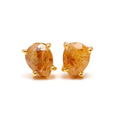 Golden Rutile Pear Stud Earrings 925 Sterling Silver Gold Plated Jewelry For Her - Image 1 of 4