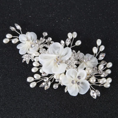 Chiffon Flower Hair Clips Crystal Bridal Slide Clip Headdress Wedding Accessorie - Image 1 of 4