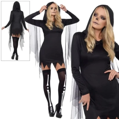 Ladies Skeleton Grim Reaper Costume Hooded Halloween Fancy Dress Womens Fever - Image 1 of 2