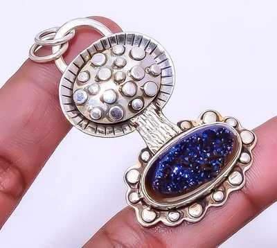 Colgante de plata de ley 925 con piedras preciosas de ágata azul de titanio de 2,15" A397 Foto 1 de 4