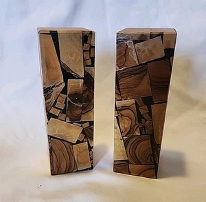 Salero y pimentero de madera MCM vintage con diseño de collage de madera en la parte delantera y... - Imagen 1 de 6