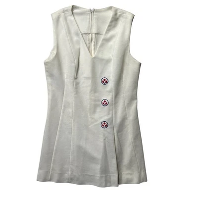 复古 The All Whites 网球礼服加拿大布贴无袖打褶白色 90 年代 XS — 第 1/4 张图片