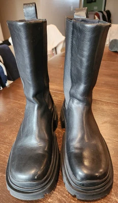 ZARA Lug Sole Mid Calf Faux Leather Pull On Boots Size 9 Black Chunky Goth Rave - Image 1 of 4