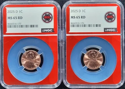 Lot of (2) 2025-D Lincoln Shield 1c Penny | NGC MS65RD - EDC Plug Holder - Image 1 of 2