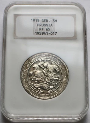Moneda alemana de 3 marcos de plata de prueba de Prusia de 1915 - NGC PF 65, paso de Mansfeld Foto 1 de 4