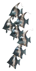 VERTICAL Metal Wall Art - silver/blue Steel School of Fish 74 cm high 31 cm wide - Picture 1 of 3