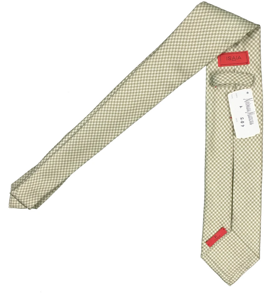 NEW $295 Isaia Pure Silk 7 Fold Tie!   Moss Green and Creme Houndstooth Design - Image 1 of 1