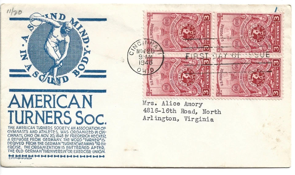 1948 FDC,  AMERICAN TURNERS , BLK, ANDERSON CACHET - Image 1 of 1