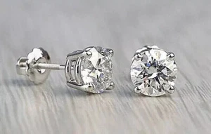 2 Ct Round Cut VVS1/ D Lab Created Stud Earrings 14K White Gold 7mm Screw Back - Picture 1 of 7