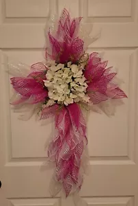 Easter Cross wreath for front door- Handmade- pink white flowers - Picture 1 of 1