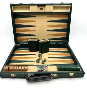 Vintage HIT Backgammon Set Brown and Green Leather Briefcase Set H.I.T - Picture 1 of 15