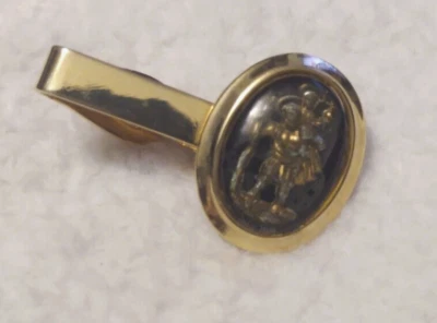 Vintage Gold Tone Saint Christopher Tie Clip Black Oval Accent 1.5" Religious - Image 1 of 4