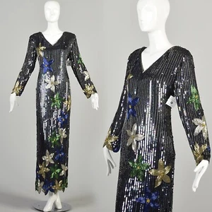 Medium 1970s Fully Sequined Long Sleeve Maxi Dress Striped Floral Sequin Gown - Picture 1 of 10