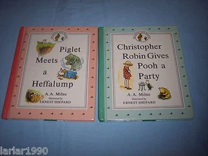 2 A.A. MILNE BOOKS~CHRIS ROBIN GIVES POOH A PARTY & PIGLET MEETS A HEFFALUMP - Picture 1 of 3