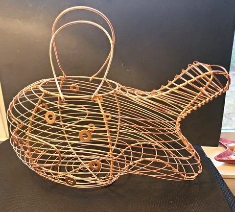 Copper Wire Fish Shape Fruit Basket with Handles and Opening at Top 15" x 7" Cover