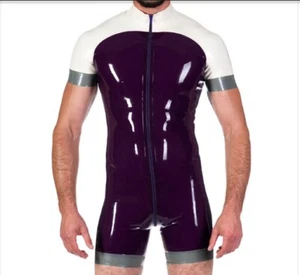 100%Latex Rubber White/Black Catsuit Tights Fitness clothes Suit Front Zip S-XXL - Picture 1 of 6