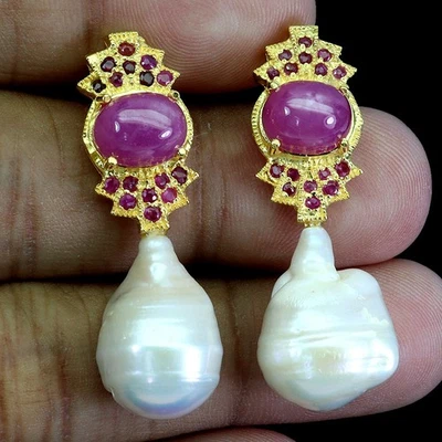 Pendientes de plata de ley 925 rubí ovalado 9x7 mm perlas piedras preciosas naturales joyería Foto 1 de 4