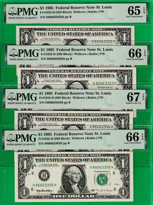 1995  $1  Federal Reserve note  Serial # H 86663302 TO 05 H  4 CONSECUTIVE PMG - Image 1 of 2