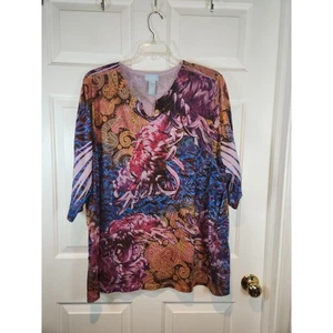 Women's sz 3X Liz & Me 3/4 Sleeved T Shirt Top Multicolored Pattern Catherines - Picture 1 of 5