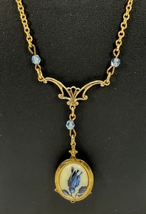 Collana vintage stile lavalier pendente fiore blu acrilico cabochon estate - Foto 1 di 7