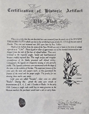 Naufragio Flota México Real 1715 1700-14 con Certificado de Autenticidad Foto 1 de 3