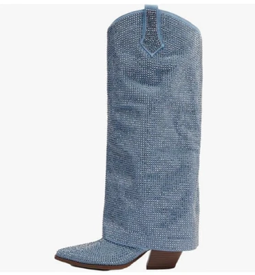Botas de mezclilla para mujer con estrás punta gruesa de tacón grueso plegables hasta la rodilla US12 Foto 1 de 2