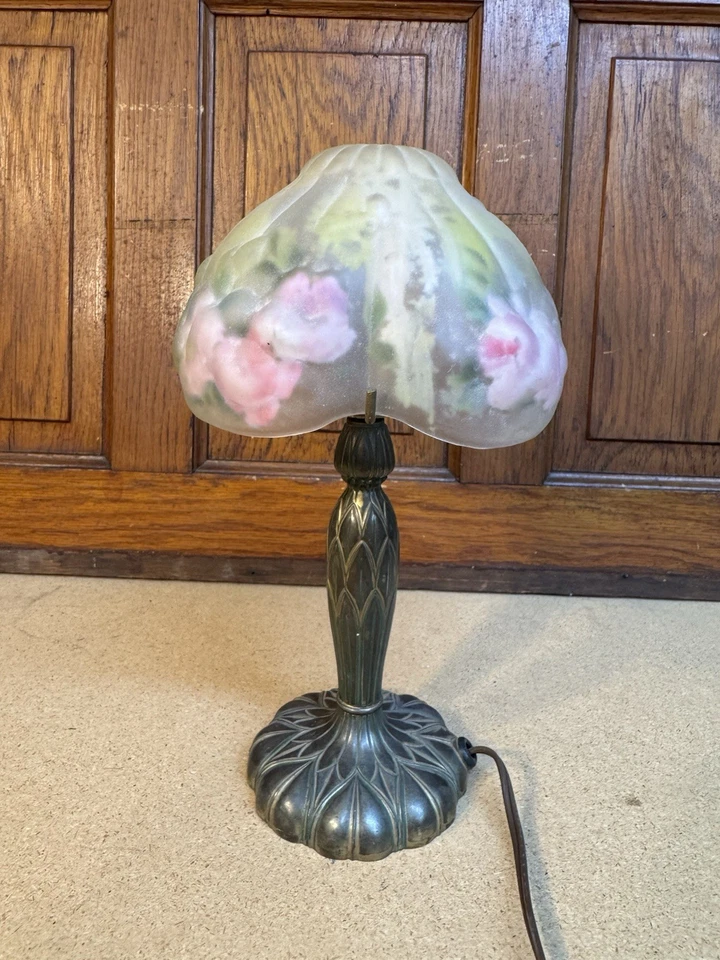 Antique Pairpoint Puffy Mini Lamp - Vintage Table Lamp W Floral Shade - Image 1 of 4